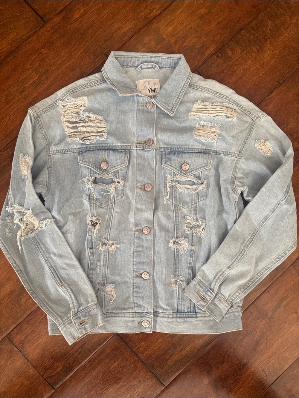YMI Light Blue Distressed Denim Jacket. Like New!
